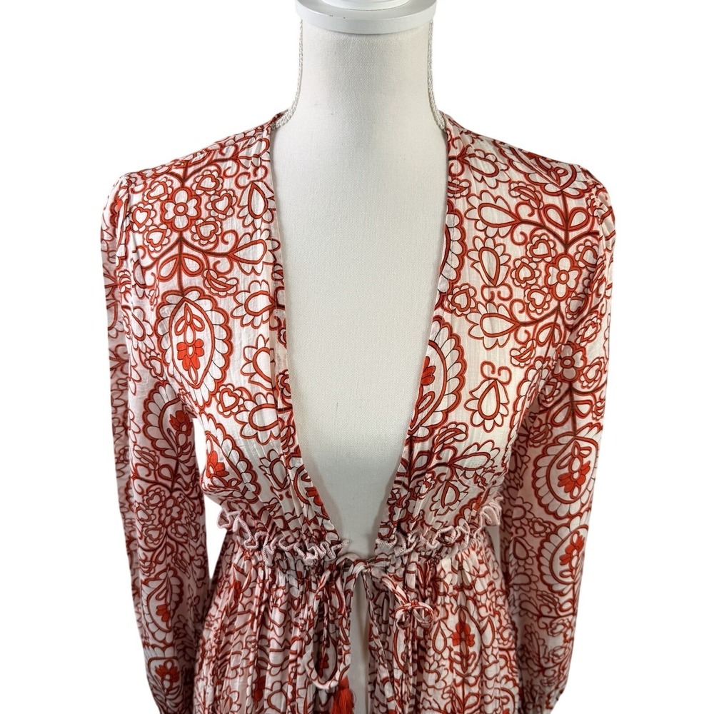 Aakaa Orange and White Paisley Flowy Boho Duster Tie Waist Open Longsleeve XS - Picture 3 of 11